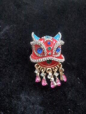 Red Enamel & Crystal Dragon/Lion Dance Brooch with Pink Drops